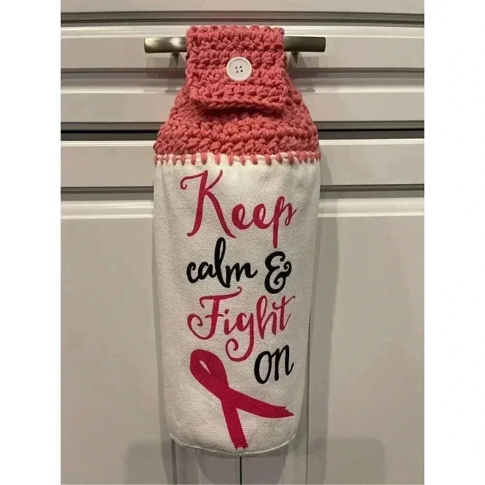 Crochet Top Kitchen Towel- Breast Cancer Awareness Keep Calm And Fight On